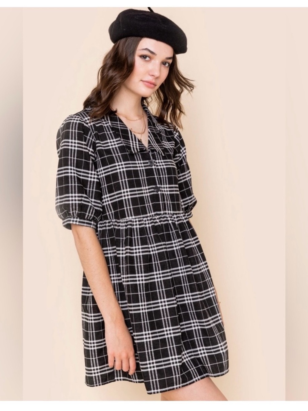 Harper- size M - Black and White Plaid Short Sleeve Dress - Classic Checked Mini